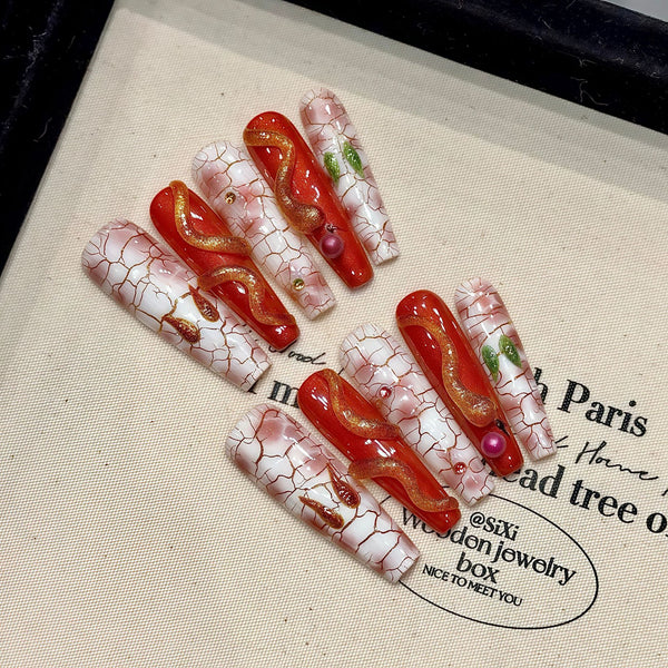 Handmade Chinese New Year Press-On Nails - Golden Snake & Red Design