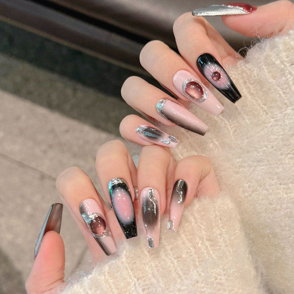 Rose Galaxy Press-On Nails - Black & Pink Design