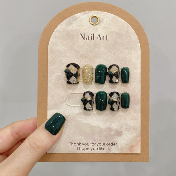 Handmade Emerald Checkerboard Press-On Nails - Luxe & Gentle Design