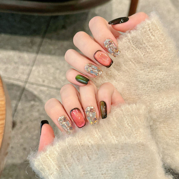 3-Color Gradient Cat Eye Chameleon Press-On Nails - Glitter & Detachable