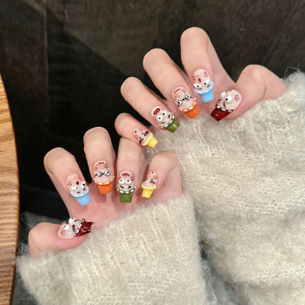 Quirky 3D Cartoon Press-On Nails - Color-Block Art