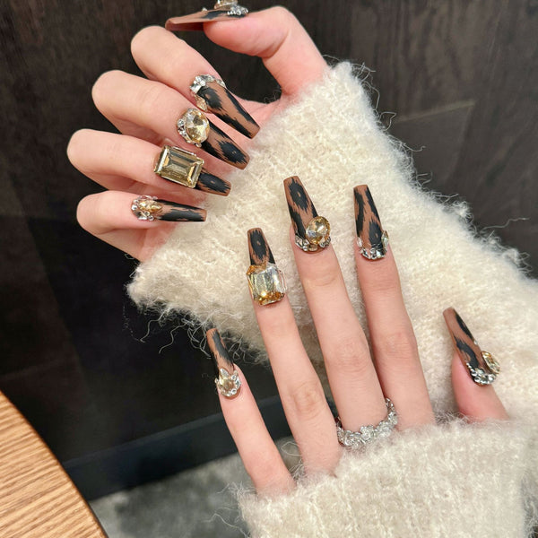 Matte Leopard Press-On Nails - K9 Rhinestone & Luxe Fall/Winter Design