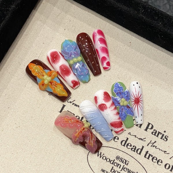 Handmade Tropical Flower Press-On Nails - 3D Carving & Ombre Design