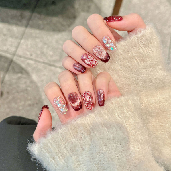 Yihe Raspberry French Cat Eye Press-On Nails - Christmas Nail Art