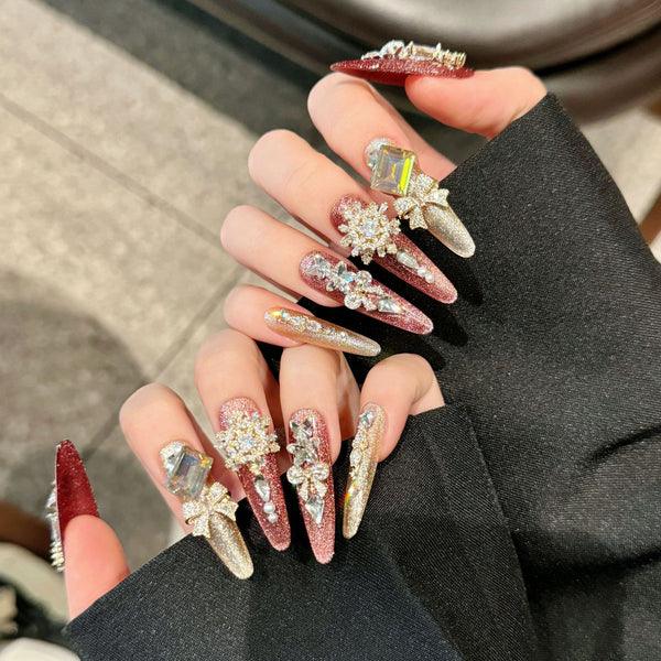 Handmade Cat Eye Press-On Nails - Sparkling Zirconia & Gold Powder Design