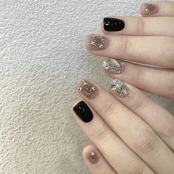 Black Glitter Star Press-On Nails - Short & Stylish Design