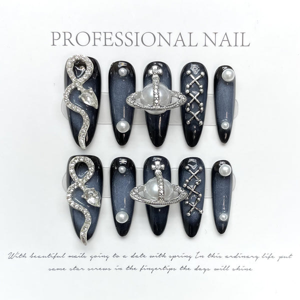 Handmade Cyberpunk Press-On Nails - Snake & Metal Design