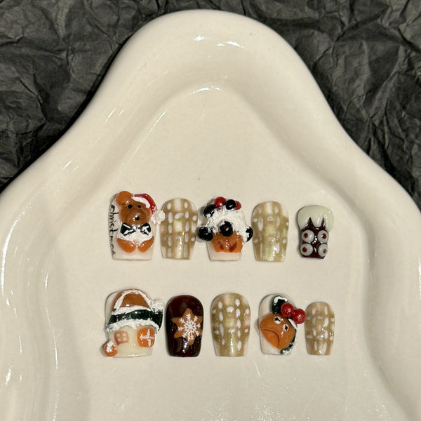 Handmade 3D Bear Press-On Nails - Gel Effect & Creative Design