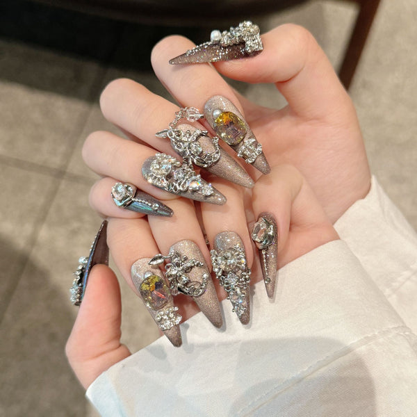 Starry Mirror Cat Eye Press-On Nails - Luxury Zircon Design