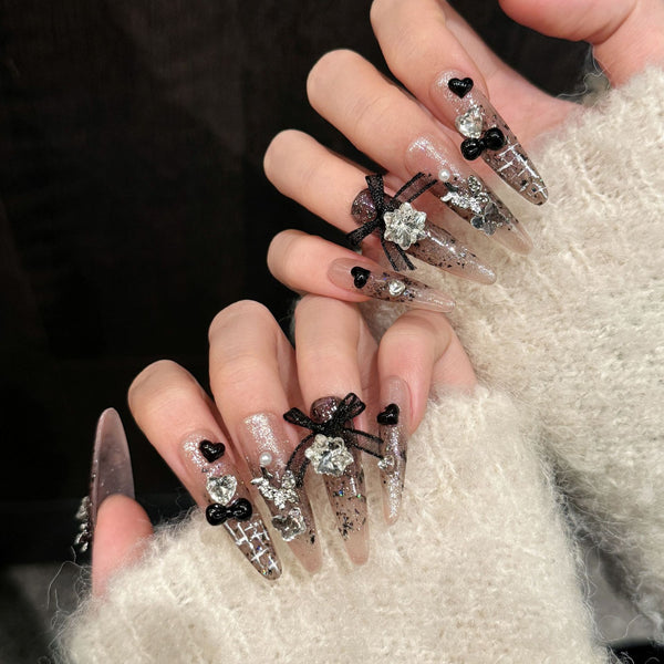 Dark Mallet Style Full-Diamond Bow Press-On Nails - Edgy & Trendy Nail Art